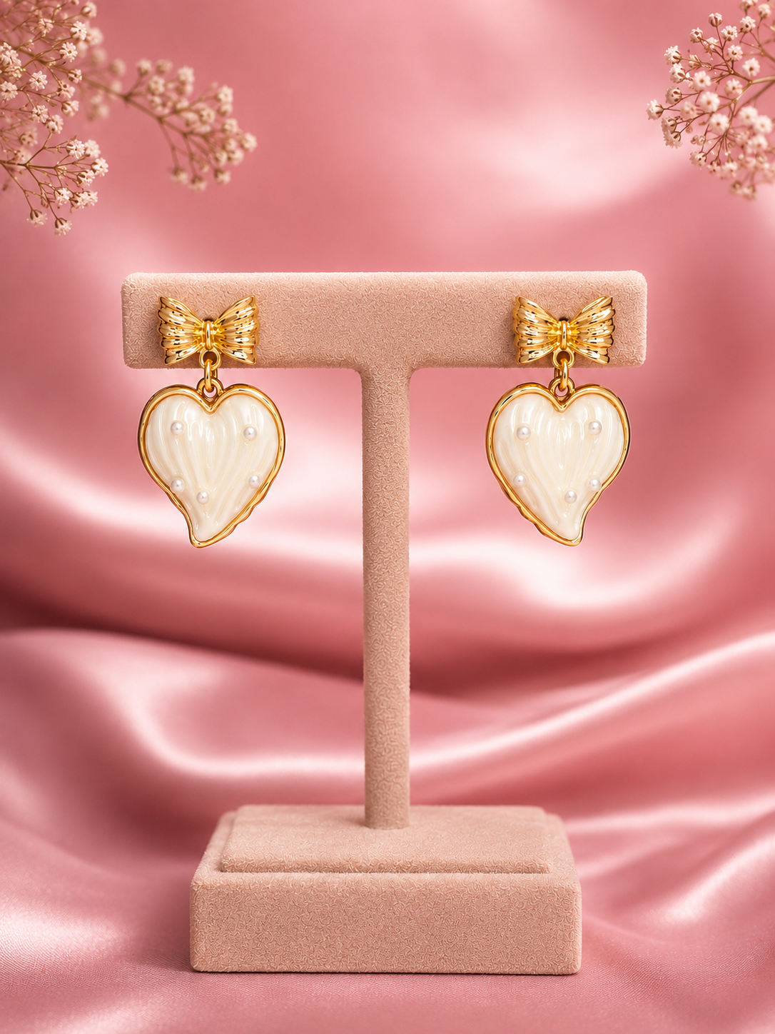 Ivory Heart Bow Earrings