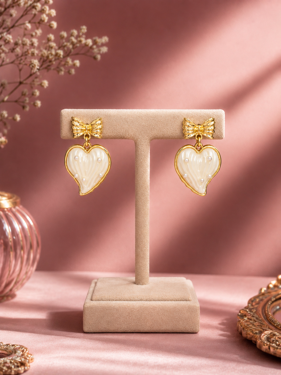 Ivory Heart Bow Earrings