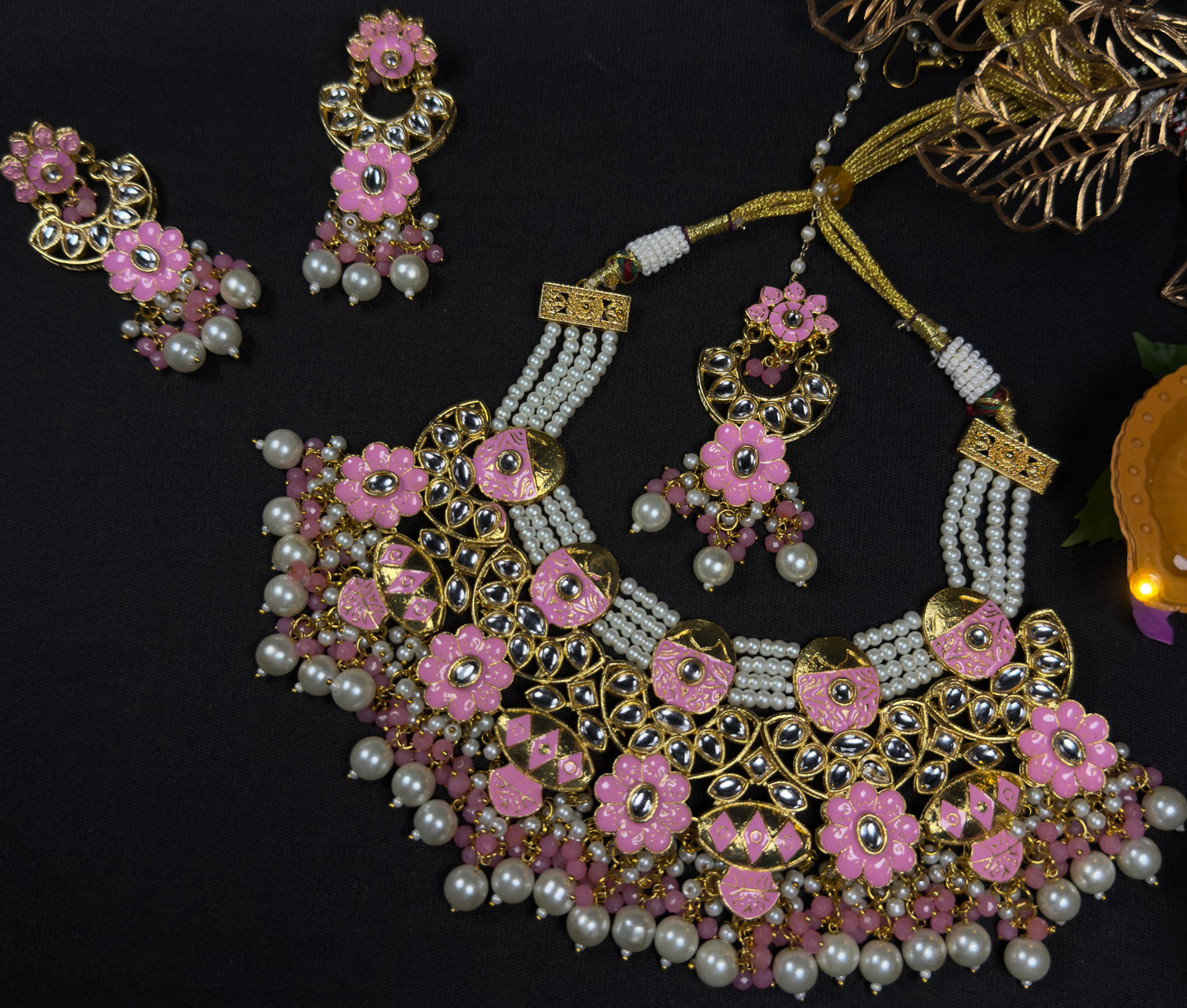 Petal Pink Kundan Meenakari Choker Set