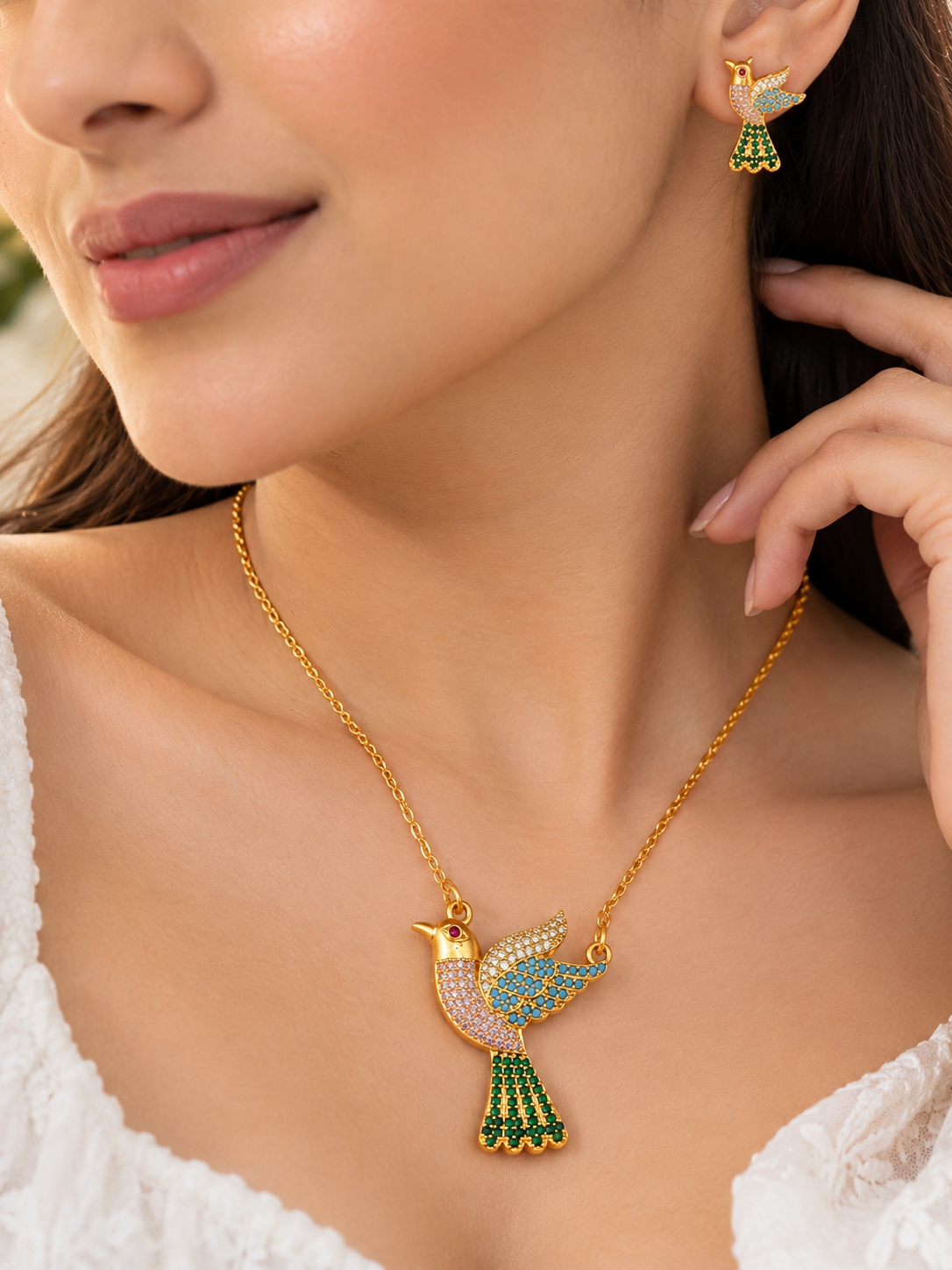 Saarika - Bird Motif CZ Necklace Set