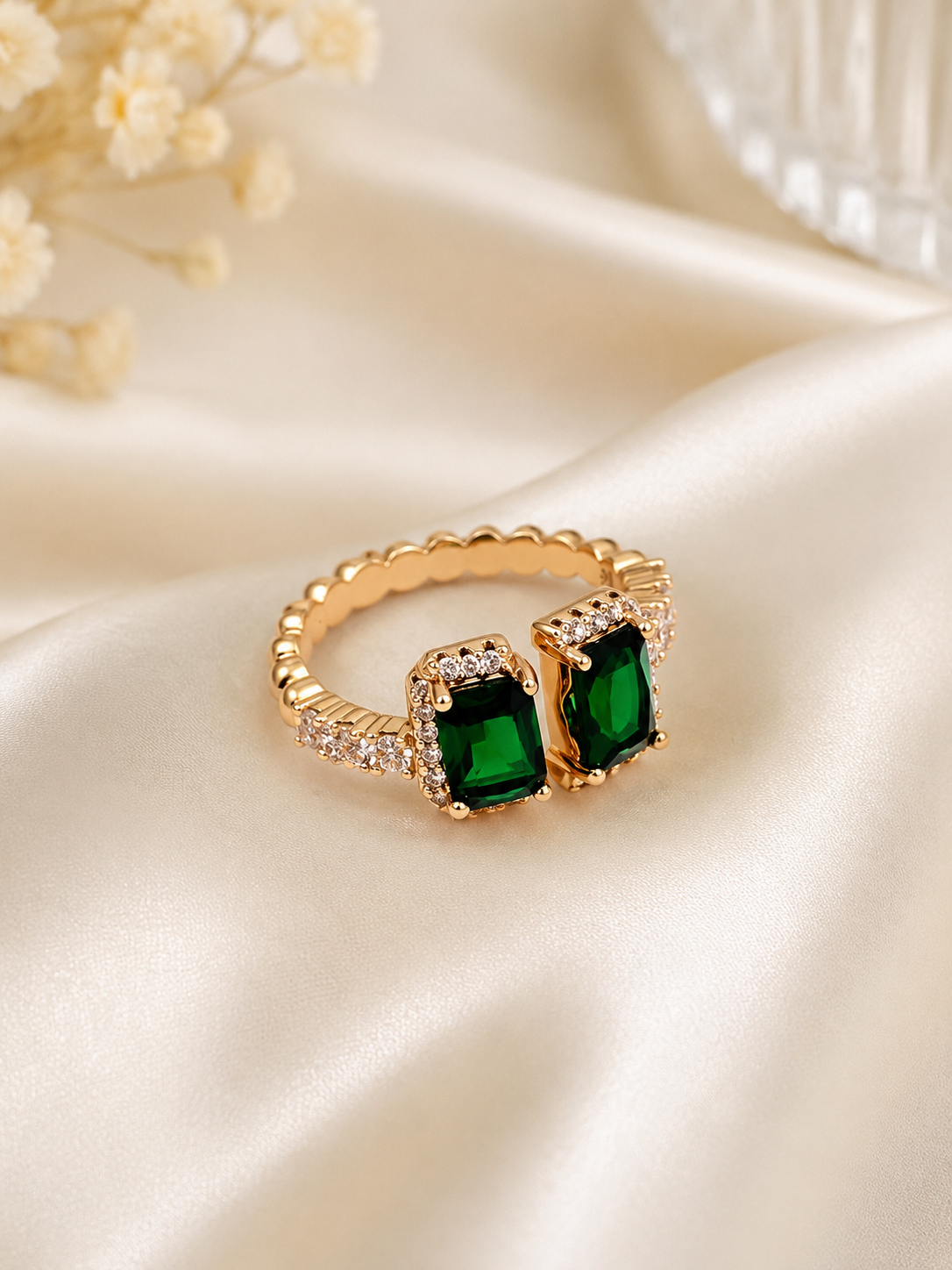 Twin Emerald Halo Ring