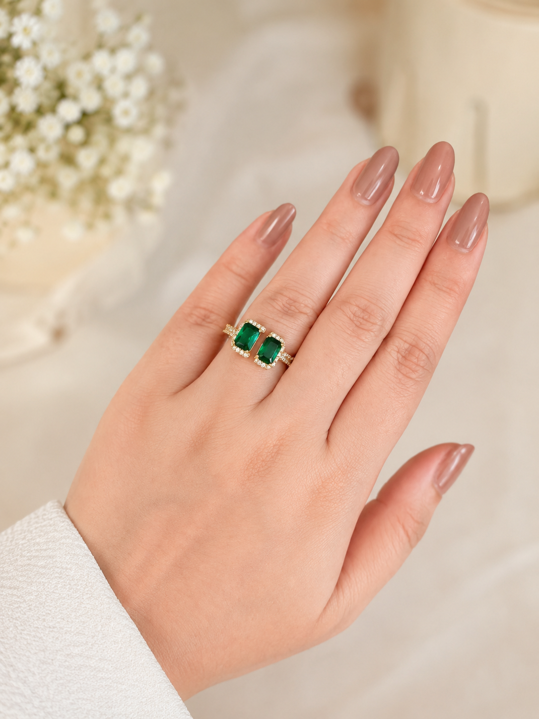 Twin Emerald Halo Ring